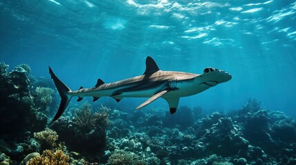 Fototapeta premium Majestic hammerhead shark cruising amidst coral reefs in turquoise ocean