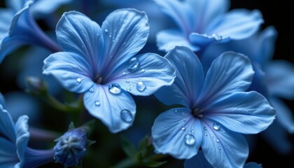 Close up of blue flowers with dew drops, dramatic dark background for emotional and elegant floral macro photography, photo.