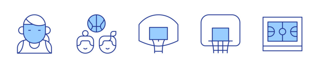 basketball, basket, basketball player, backboard. Basketball Icon vector illustration. Line Duotone style. Editable stroke