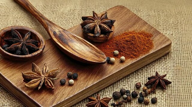 Wooden spoon with spices on a cutting board