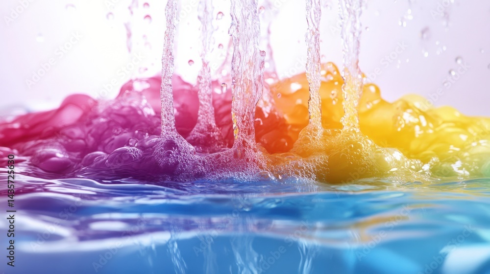 Poster colorful water splash with vibrant bubbles creating a mesmerizing effect in a bright background