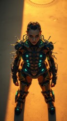 Naklejka premium Futuristic Woman in Cyberpunk Armor with Green Lights