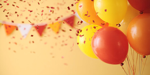 Orange and yellow balloons with red confetti, festive background ideal for celebration, party, or event promotion