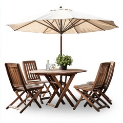 Outdoor patio set with umbrella table chairs wine and plant pot on isoleted white background