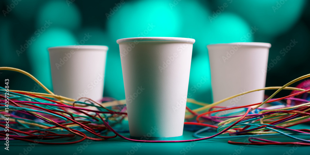 Poster three white paper cups on teal background, surrounded by colorful strings, creating a vibrant yet si