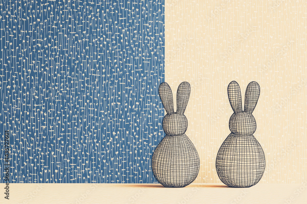 Poster two wireframe rabbit sculptures stand against contrasting background of blue and beige, creating min