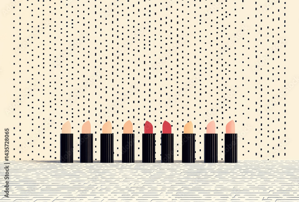 Poster row of lipsticks in various shades is neatly arranged against patterned background, creating visuall