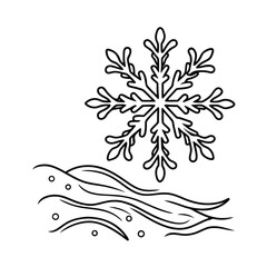 Simple winter illustration with snowflake above snowy ground line art style