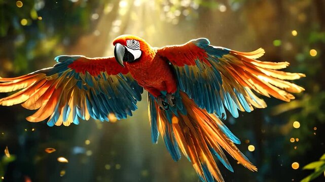 Colorful macaw in flight, vibrant feathers, dynamic pose.