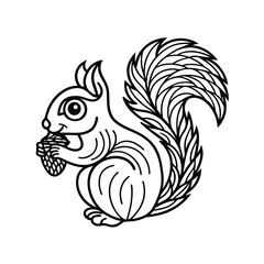 Black and white outline illustration of a cute squirrel holding an acorn in its paws