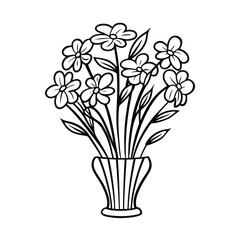 Line art bouquet of flowers in vase outline botanical illustration design