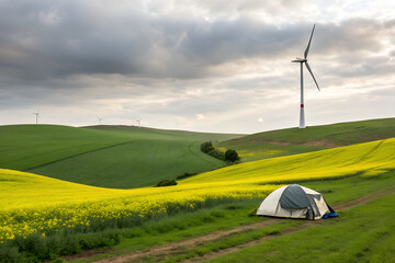 Obraz premium Serene Campsite in Wind Farm Landscape