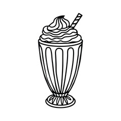 Retro milkshake illustration black and white classic dessert with cream and straw line art