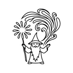 Cartoon wizard casting a spell with staff and magic graphic element isolated on white