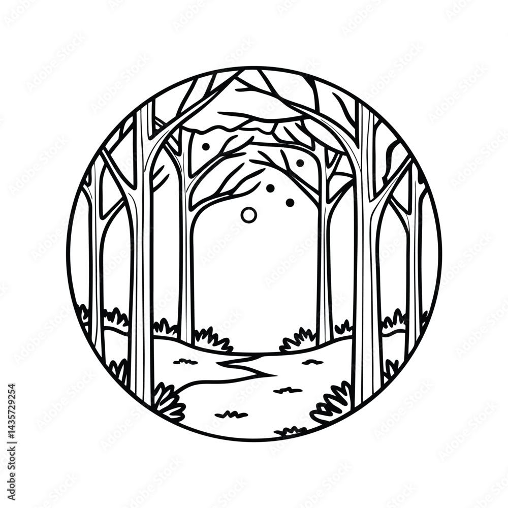 Poster circular forest scene with bare trees and winding path line art design