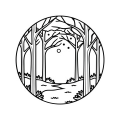 Circular forest scene with bare trees and winding path line art design