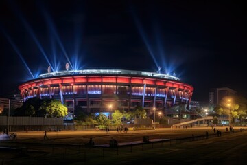 Night view of a illuminated stadium with light beams, showcasing its architecture and vibrant atmosphere.
