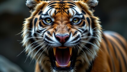 Naklejka premium Close up portrait of roaring tiger with sharp detail on its face and intense gaze