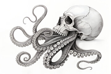 Obraz premium Octopus and Human Skull Illustration