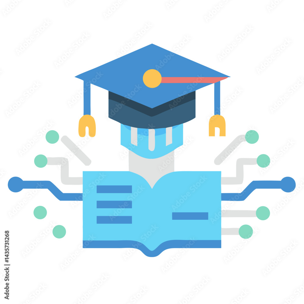 Poster digital learning concept with mortarboard book and tech integration