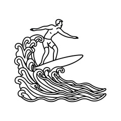 Surfer riding a wave black and white line art vector illustration