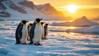 Obraz premium Portrait of arctic penguins gathered on melting iceberg, captured under warm light symbolizing climate change awareness