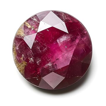 A vividly hued ruby gemstone, showcasing a round brilliant cut with visible natural inclusions and imperfections, lies isolated against a white background.