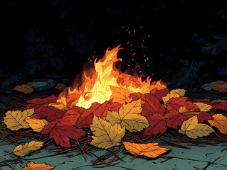 Autumnal bonfire burning amidst fallen leaves