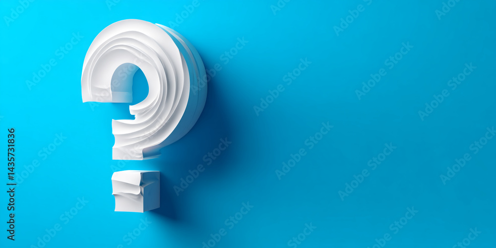 Poster white paper question mark on blue background, layered design, creating a 3d effect, symbolizing inqu