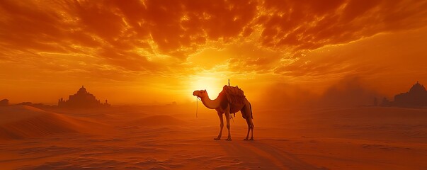 Camel in Desert Sunset; Dramatic Landscape; Tourist Destination; Scenic Background; Travel Photography