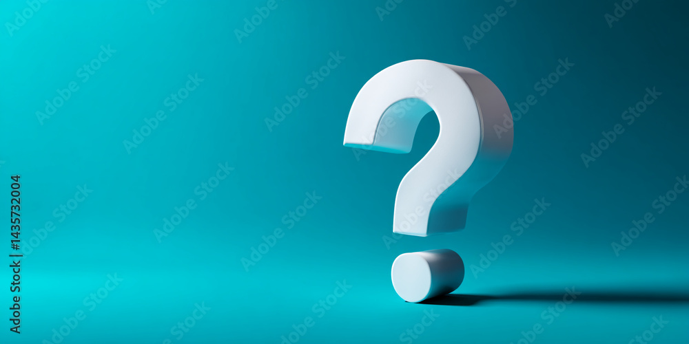 Poster white question mark on teal background, showcasing a 3d rendered symbol of inquiry, uncertainty, or 
