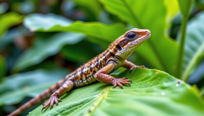 Lizard resting on bright green leaf in close focus, vibrant reptile with detailed skin pattern in tropical garden setting