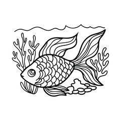 Cute goldfish underwater black and white illustration vector aquatic animal with seaweed and coral