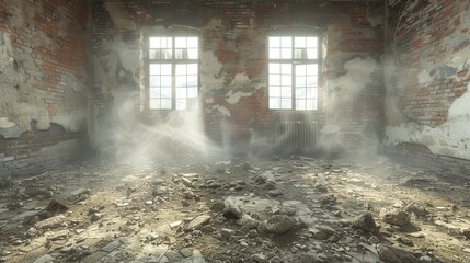 A derelict brick room filled with rubble and dust, illuminated by light streaming through two arched windows. A scene of decay and abandonment