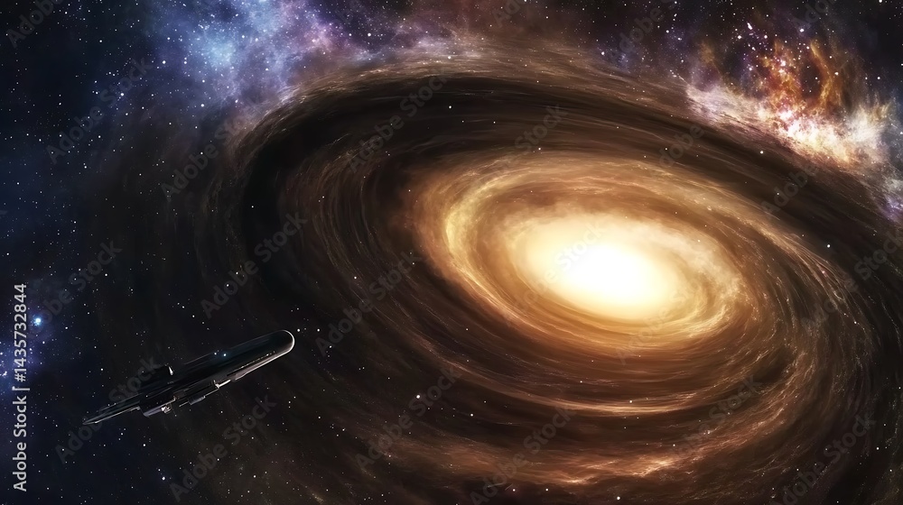 Poster spaceship exploring a spiral galaxy in deep space