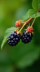 Juicy blackberries on a branch with green leaves in vibrant detail, highlighting fresh, organic growth against a blurred natural background
