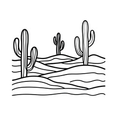 Desert landscape outline illustration of cacti and sand dunes in black and white minimalist design