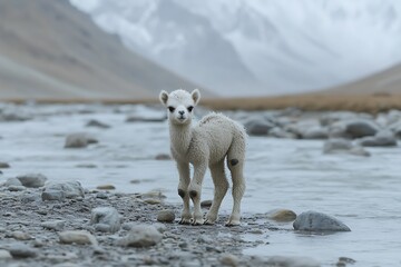 Young Bactrian Camel by Mountain River
