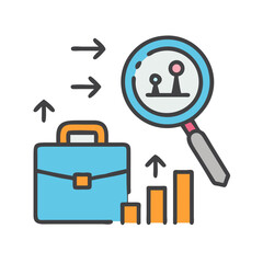 Business analytics with briefcase and upward trending bar graphs