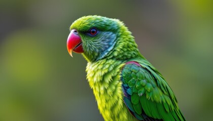 Colorful lorikeet bird captured in profile view, vivid green and blue feathers sharply detailed against soft natural background