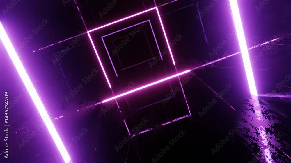 Poster 4k seamless looped animation. fly through mirror tunnel with neon pattern, glow lines form sci fi pa