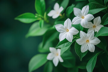 Obraz premium White flowers with green leaves in a garden.