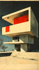 Modern concrete building with red accents situated on a paved plaza with stairs and trees