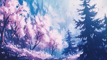 Pastel dreamlike forest of cherry blossoms and pines.