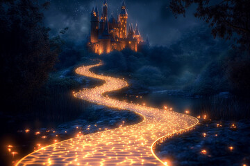Majestic castle illuminated by glowing pathway at night under a starry sky