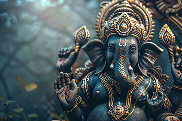 Fototapeta premium Bright holiday composition for happy Ganesh Chaturthi, abstract vivid composition consists of fictional unreal fantastic vision on background