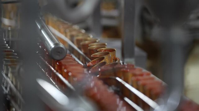 Automated food production line filling metal cans with tomato sauce. Industrial manufacturing, food processing, automation, hygiene, technology, and quality control.