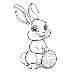 Cute rabbit with decorated egg sitting cheerfully on white background