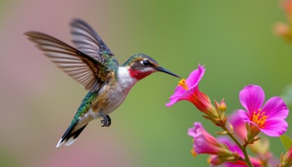 Scaly breasted hummingbird sipping nectar from flower bloom, wings caught mid motion in sharp detail, created with photo.