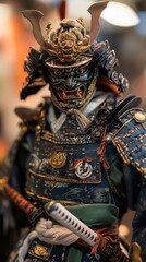 Detailed Samurai Armor and Mask Displaying Traditional Japanese Warrior Culture and Symbols of Power, Protection, and Heritage